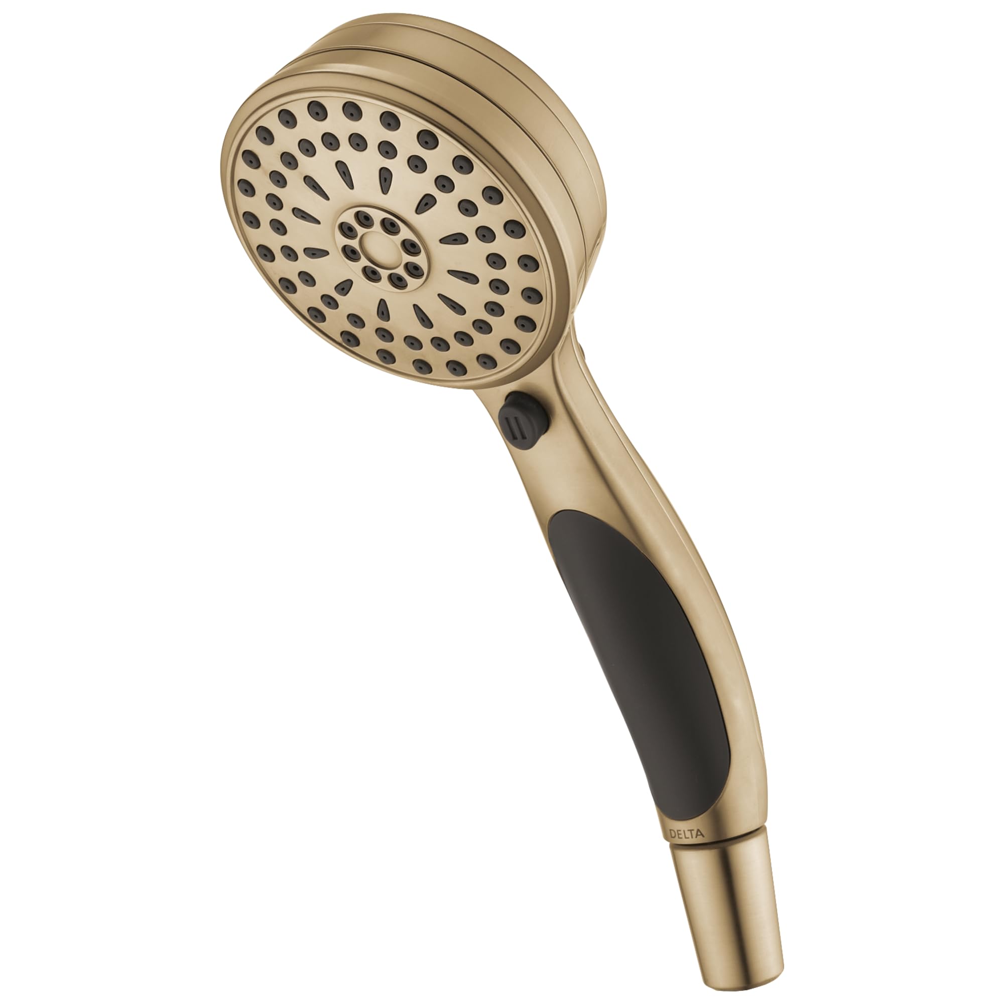 Champagne bronze hand shower with perforated circular head and black grip handle on white background.