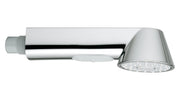 Chrome pull-out spray head with threaded connector and trigger button, featuring multiple spray holes.
