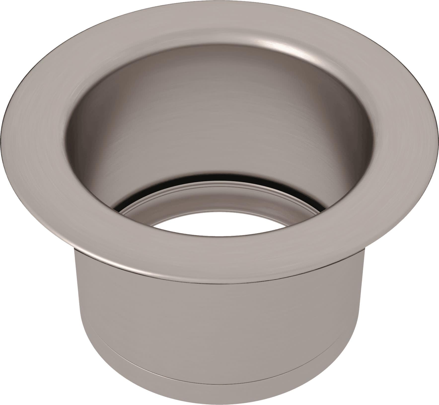 Satin nickel disposal flange with wide rim and recessed center opening for sink installation.