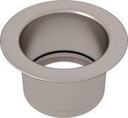 Satin nickel disposal flange with wide rim and recessed center opening for sink installation.