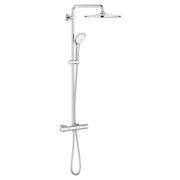 Chrome thermostatic shower system with overhead rainfall showerhead, handheld showerhead, vertical pipe, and control valve.