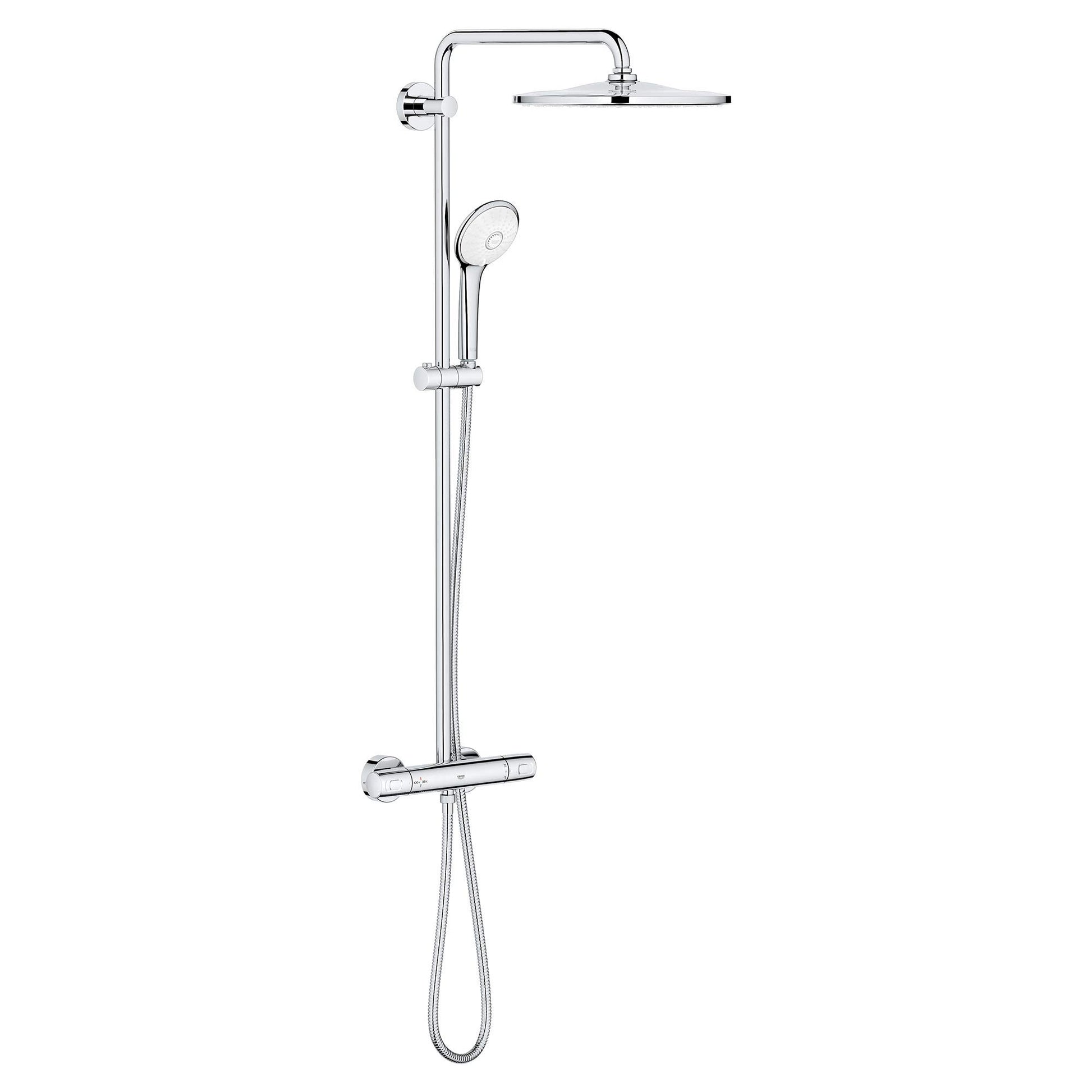 Chrome thermostatic shower system with overhead rainfall showerhead, handheld showerhead, vertical pipe, and control valve.