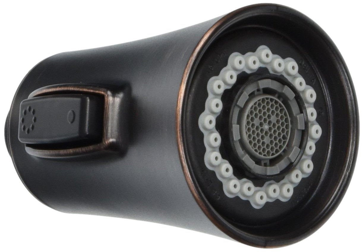 Pull-down spray head in Venetian bronze finish with control lever and circular spray face with aerator jets.