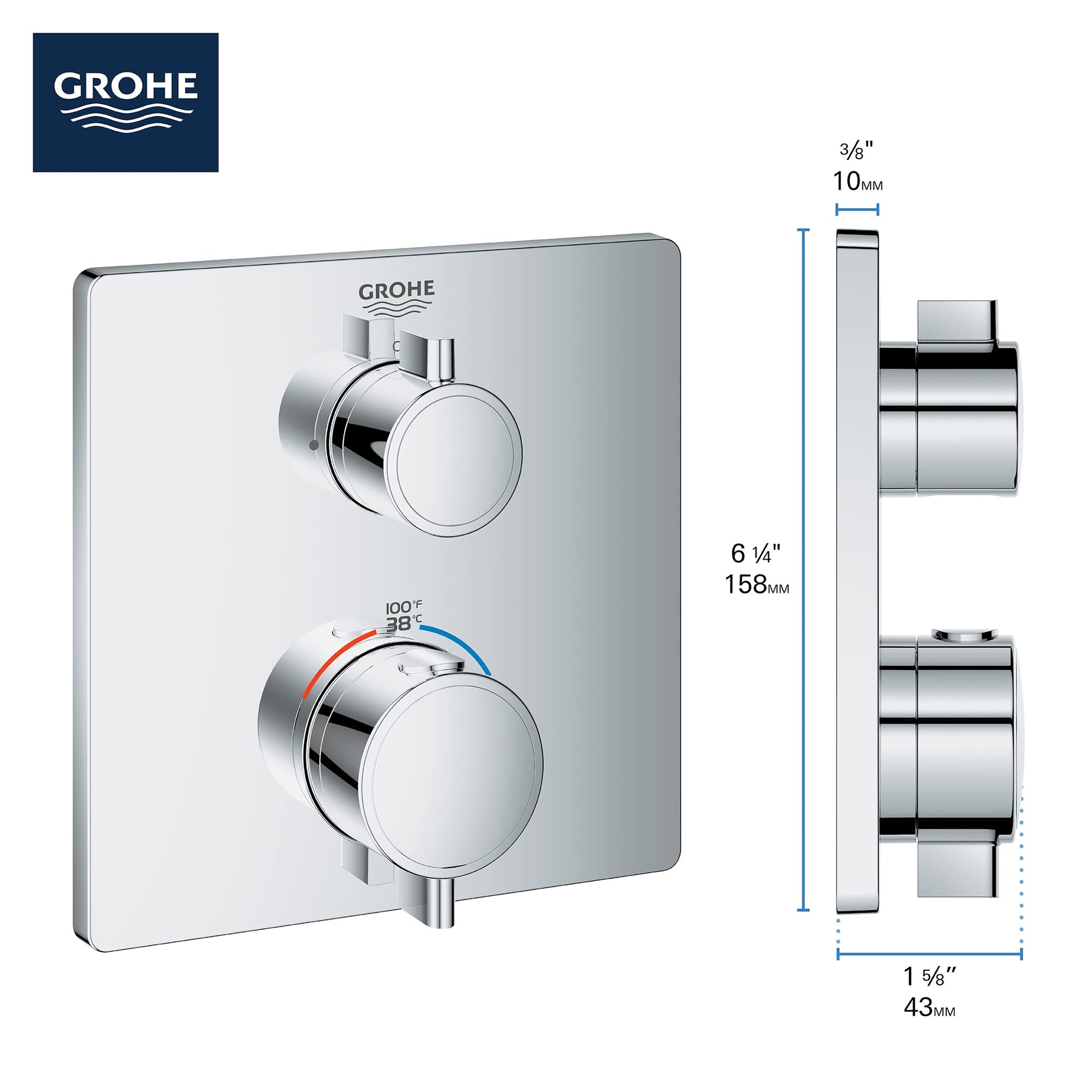 Grohe thermostatic valve trim with two circular handles on square hard graphite faceplate and side profile view with dimensio