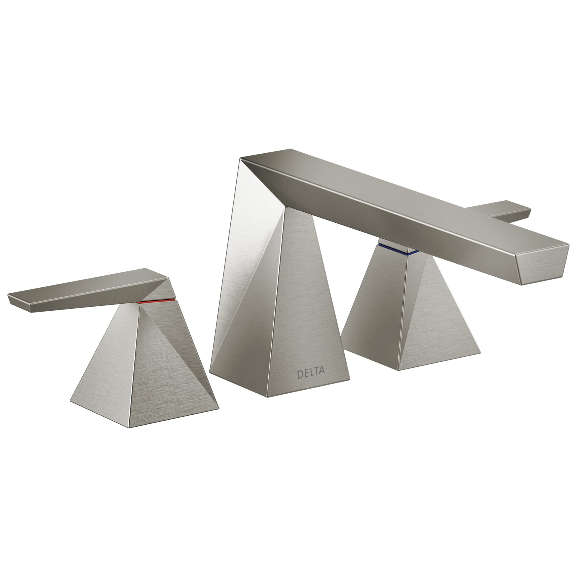 Brushed nickel two-handle Roman tub trim with geometric pyramid-shaped bases and horizontal spout.