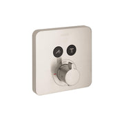 Brushed nickel square shower trim with two function buttons and central temperature control dial marked to 100 degrees.