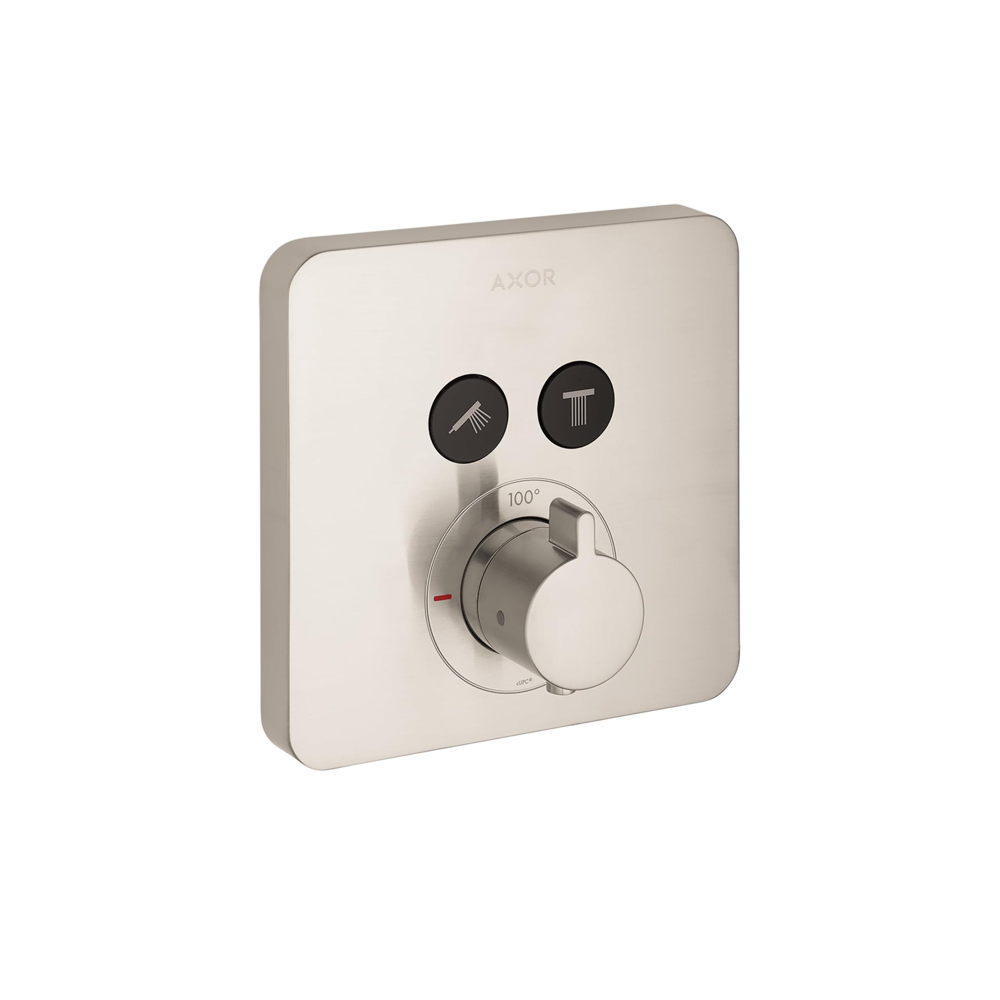 Brushed nickel square shower trim with two function buttons and central temperature control dial marked to 100 degrees.