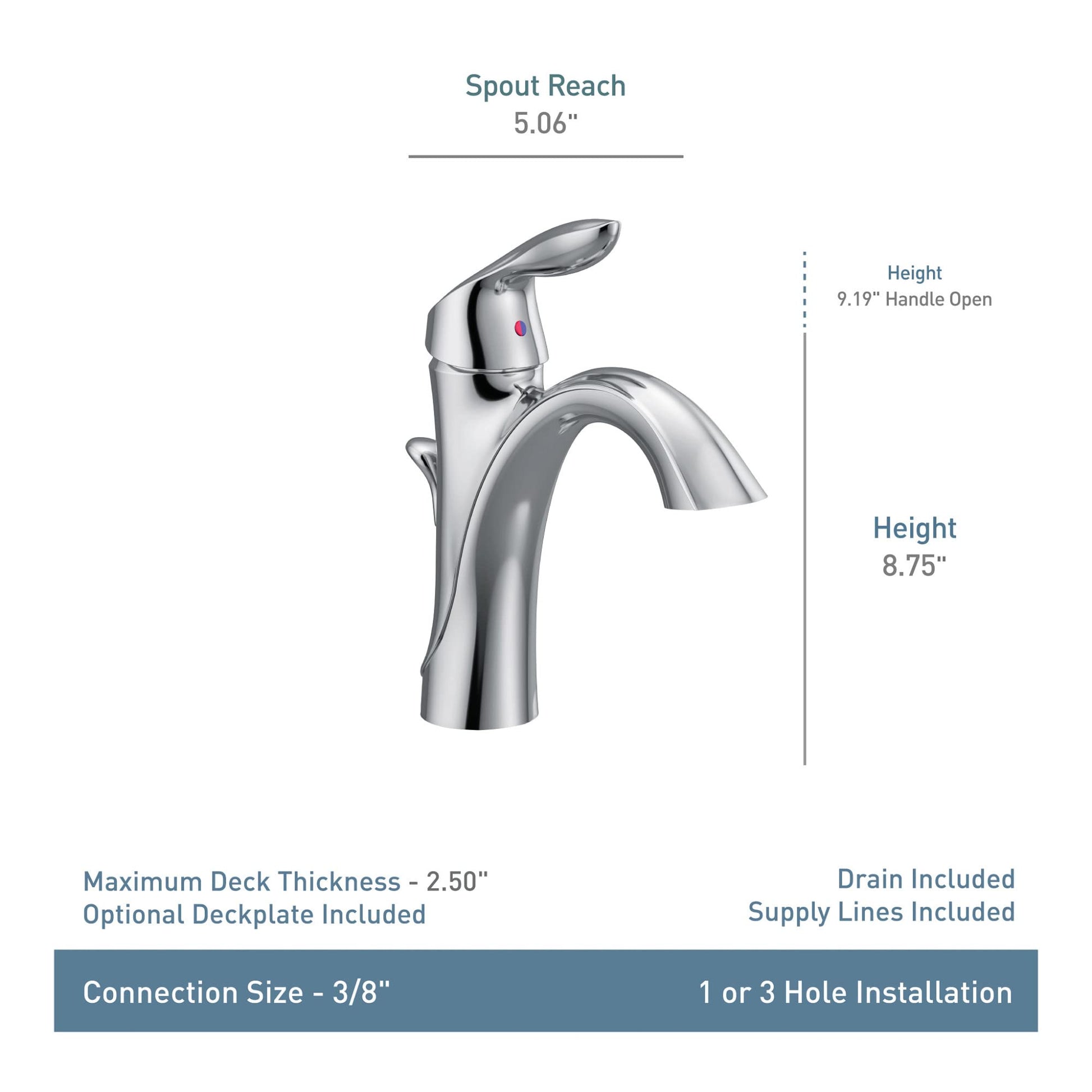 Single-hole chrome bathroom sink faucet with curved spout, 8.75" height, includes deck plate and drain.