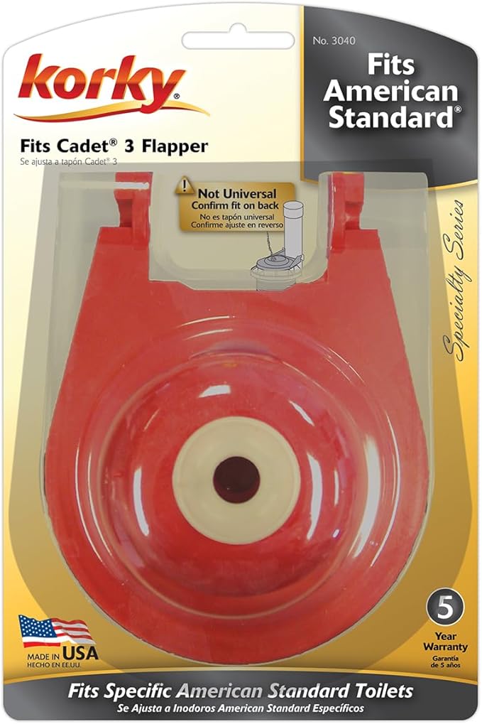 Red toilet flapper with center valve opening and mounting bracket, compatible with American Standard and Cadet 3 toilets.