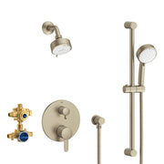 Grohe brushed nickel pressure balance shower set with wall-mounted showerhead, handheld wand, control valve, and brass valve 