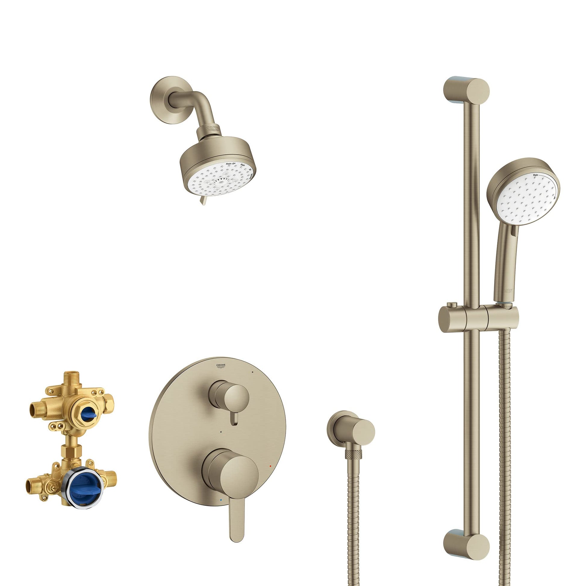 Grohe brushed nickel pressure balance shower set with wall-mounted showerhead, handheld wand, control valve, and brass valve 