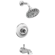 Chrome showerhead with curved arm, white round valve trim plate, and chrome tub spout with curved design.