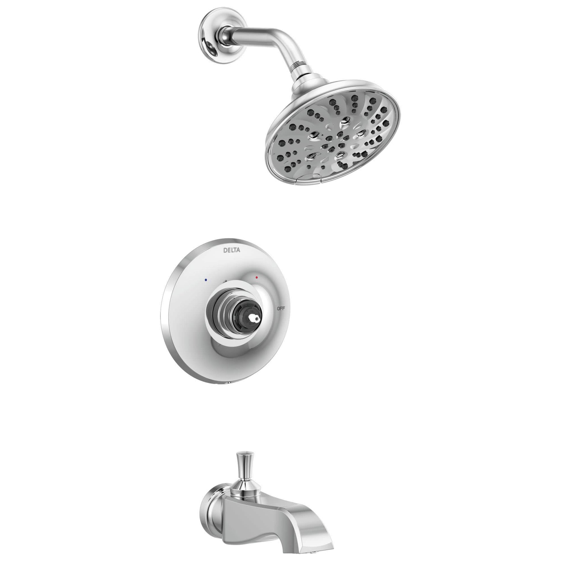 Chrome showerhead with curved arm, white round valve trim plate, and chrome tub spout with curved design.