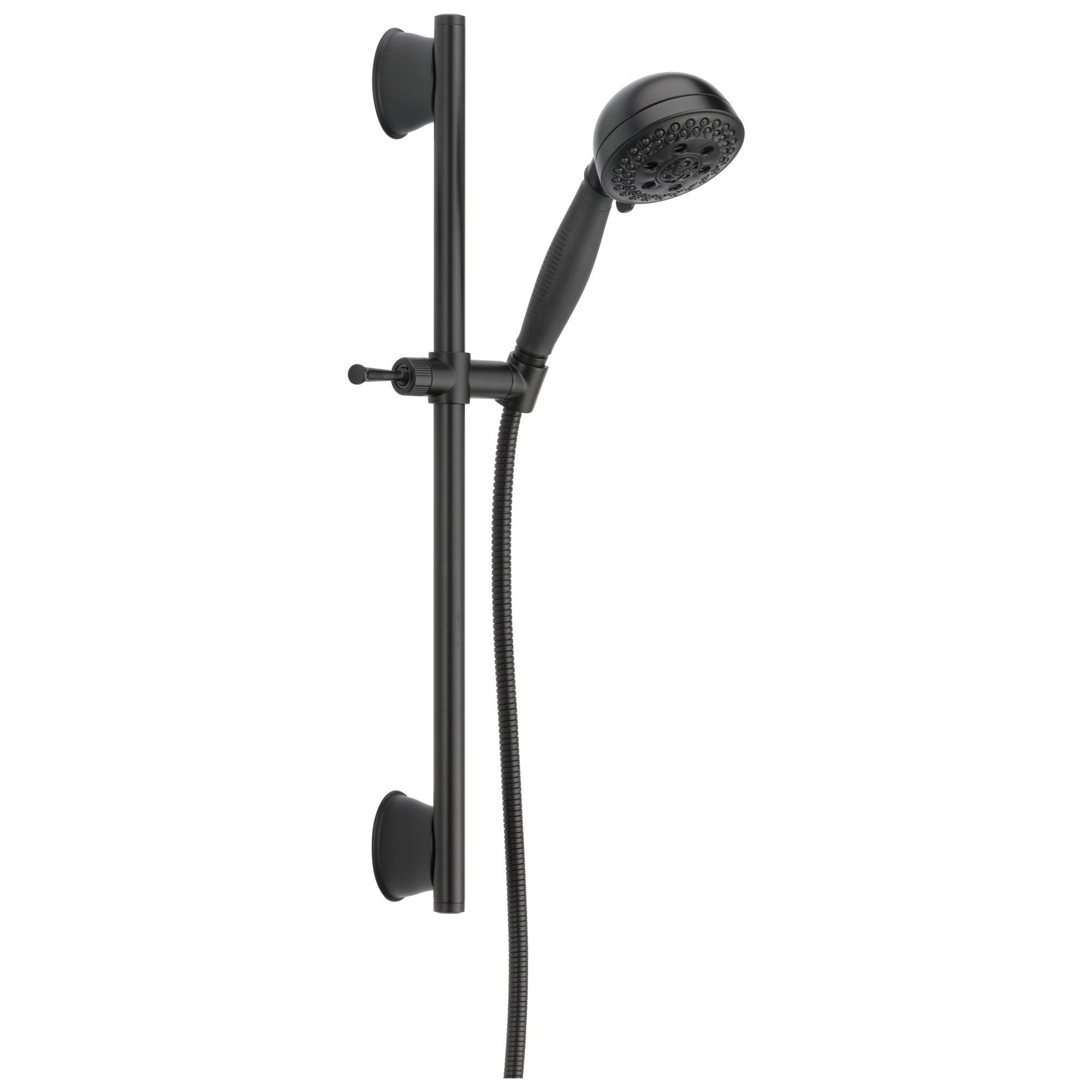 Black hand shower with perforated showerhead mounted on vertical slide bar with flexible hose and two wall brackets.