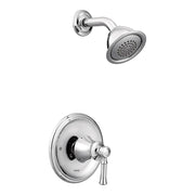 Chrome shower system with round showerhead and wall-mounted valve with lever handle.