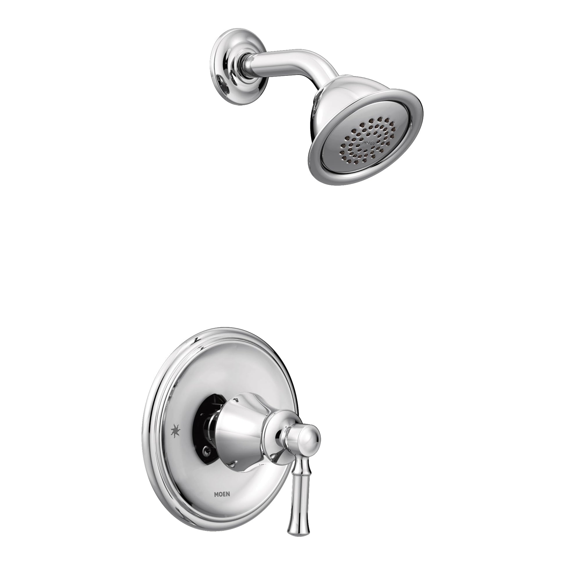 Chrome shower system with round showerhead and wall-mounted valve with lever handle.