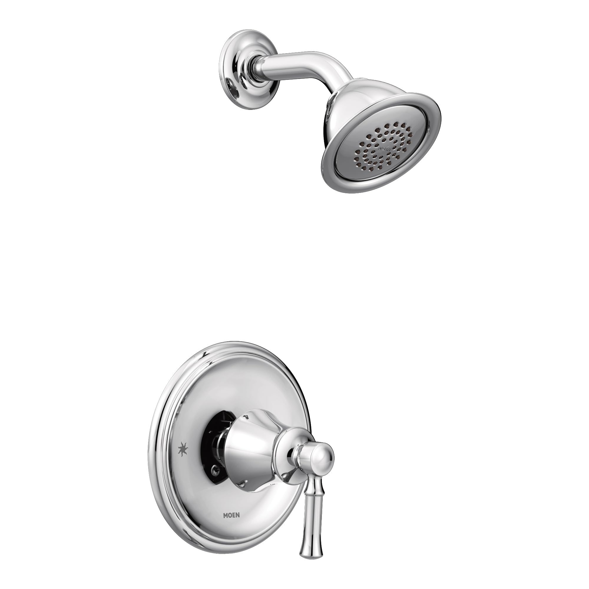 Chrome shower system with round showerhead and wall-mounted valve with lever handle.