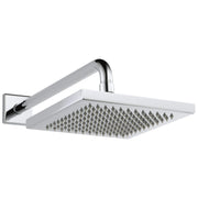 Chrome and white metal square raincan shower head with angled arm mounted to wall bracket.