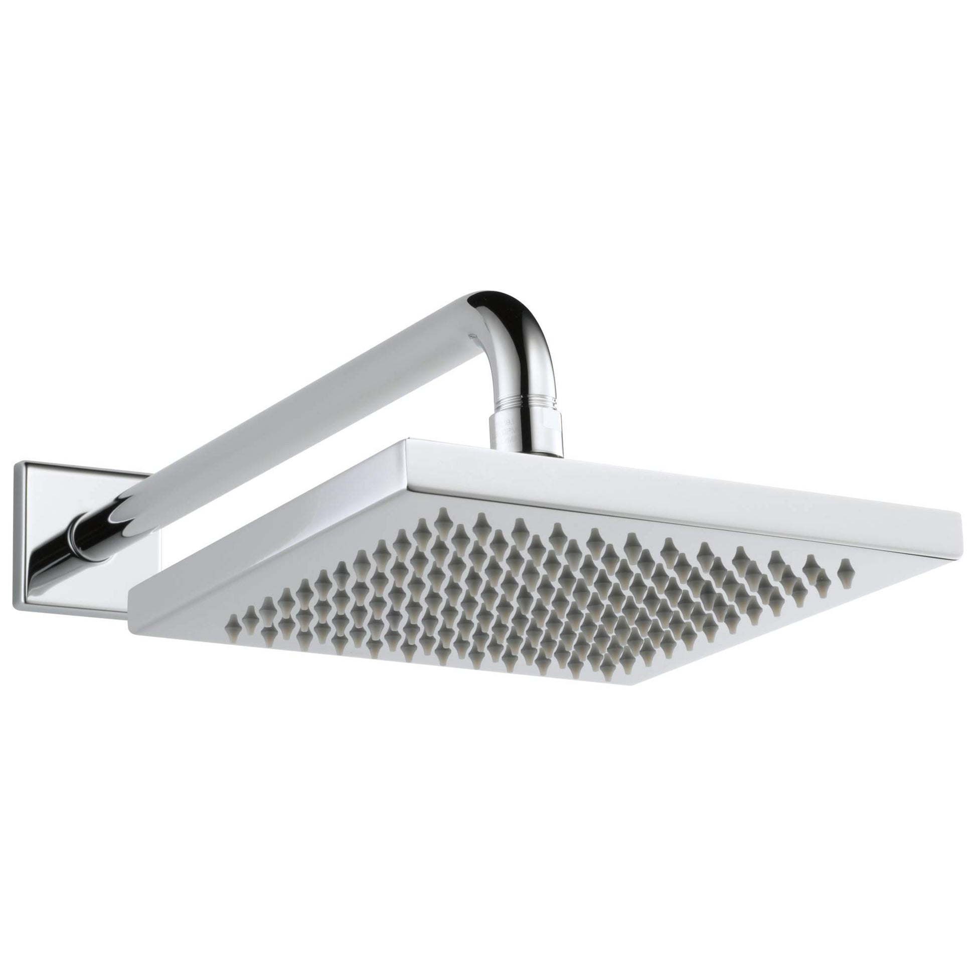 Chrome and white metal square raincan shower head with angled arm mounted to wall bracket.