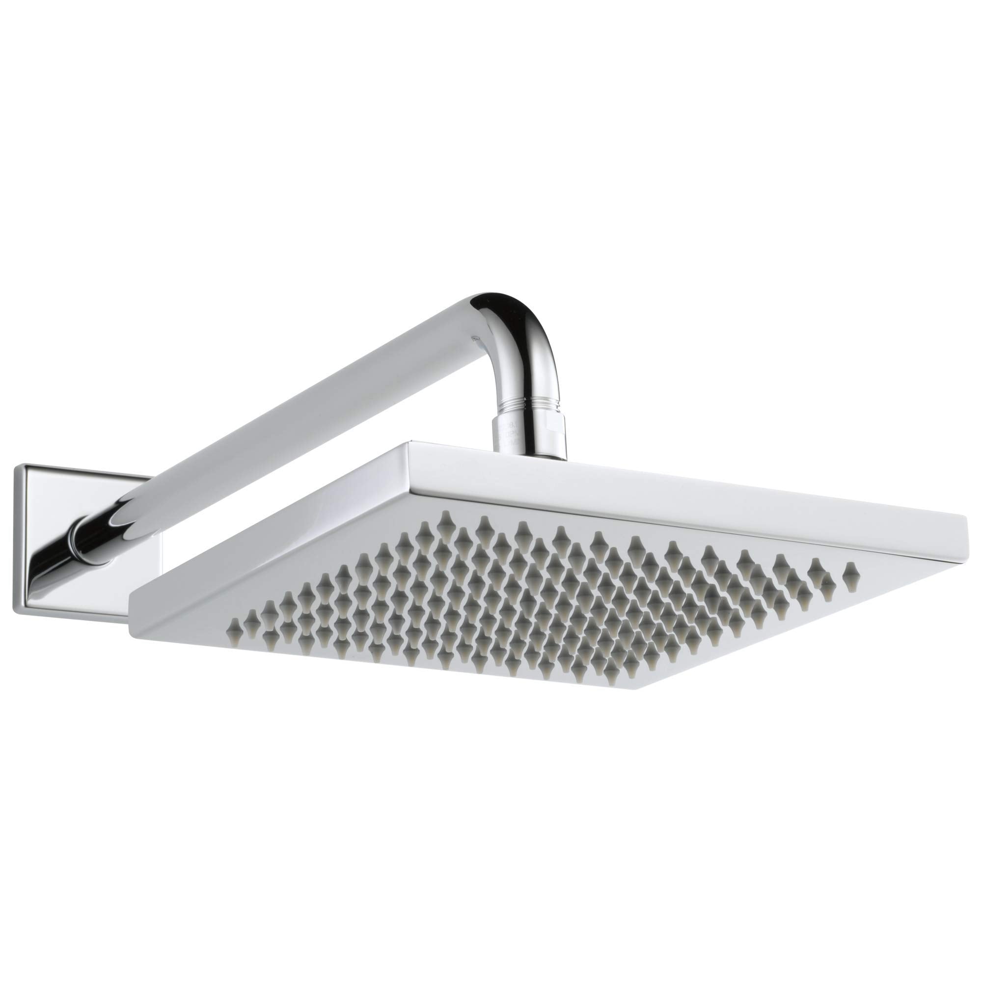 Chrome and white metal square raincan shower head with angled arm mounted to wall bracket.