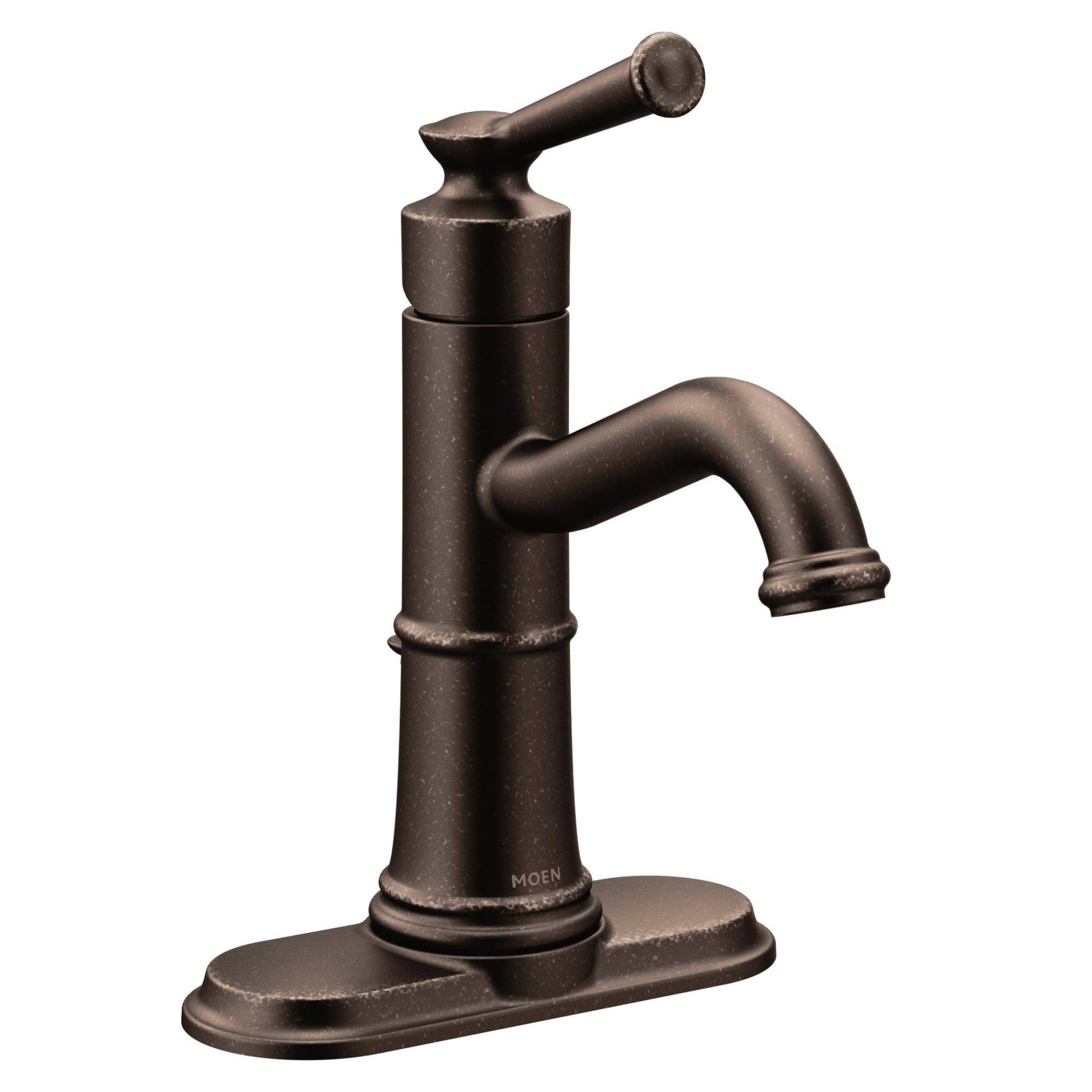 Oil rubbed bronze single-handle bathroom sink faucet with curved spout and oval base deck plate.