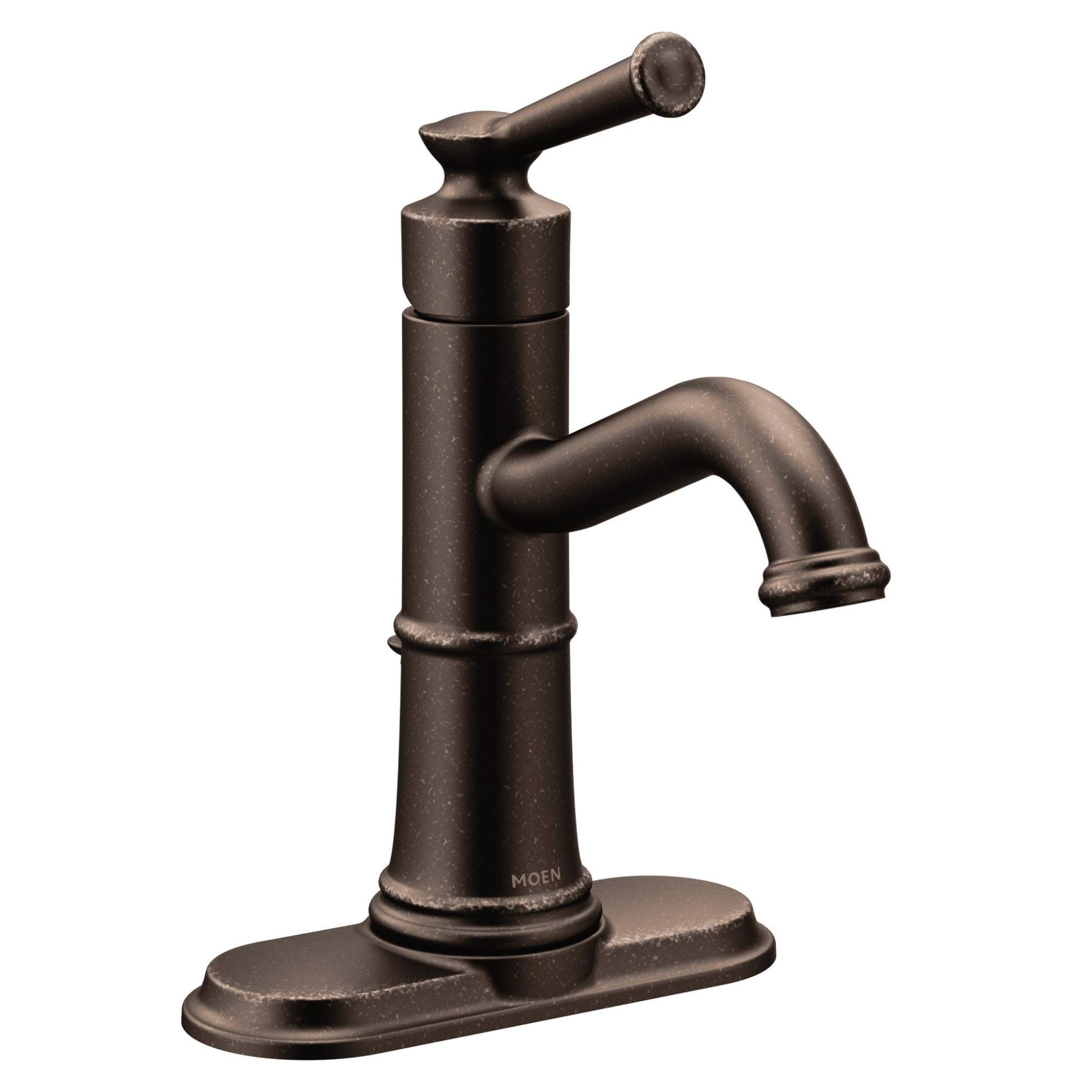 Oil rubbed bronze single-handle bathroom sink faucet with curved spout and oval base deck plate.