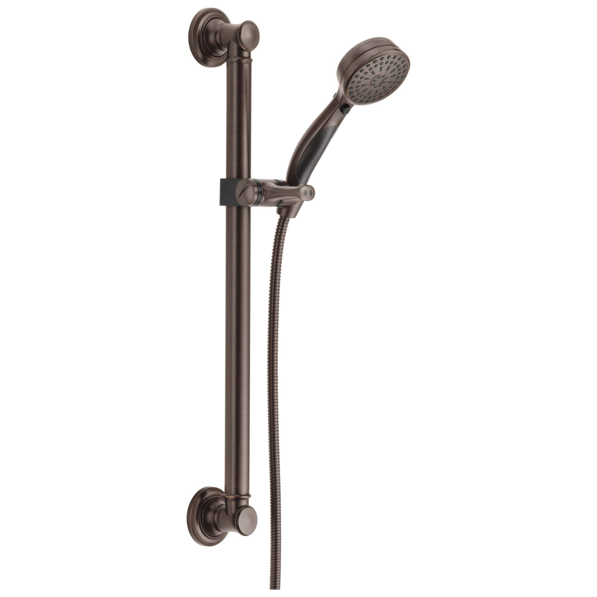 Bronze hand shower with adjustable slide bar mount, perforated showerhead, and flexible hose connection.