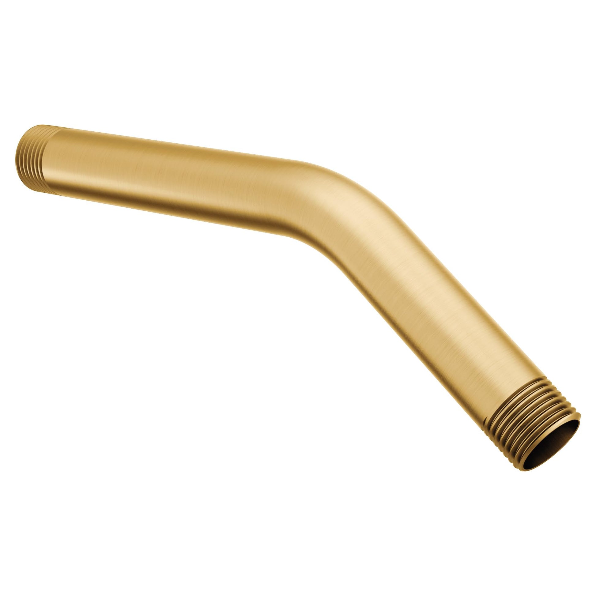 Brushed gold curved shower arm with threaded connections at both ends.