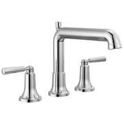 Chrome three-piece roman tub faucet with high-arc spout and lever handles on circular bases.