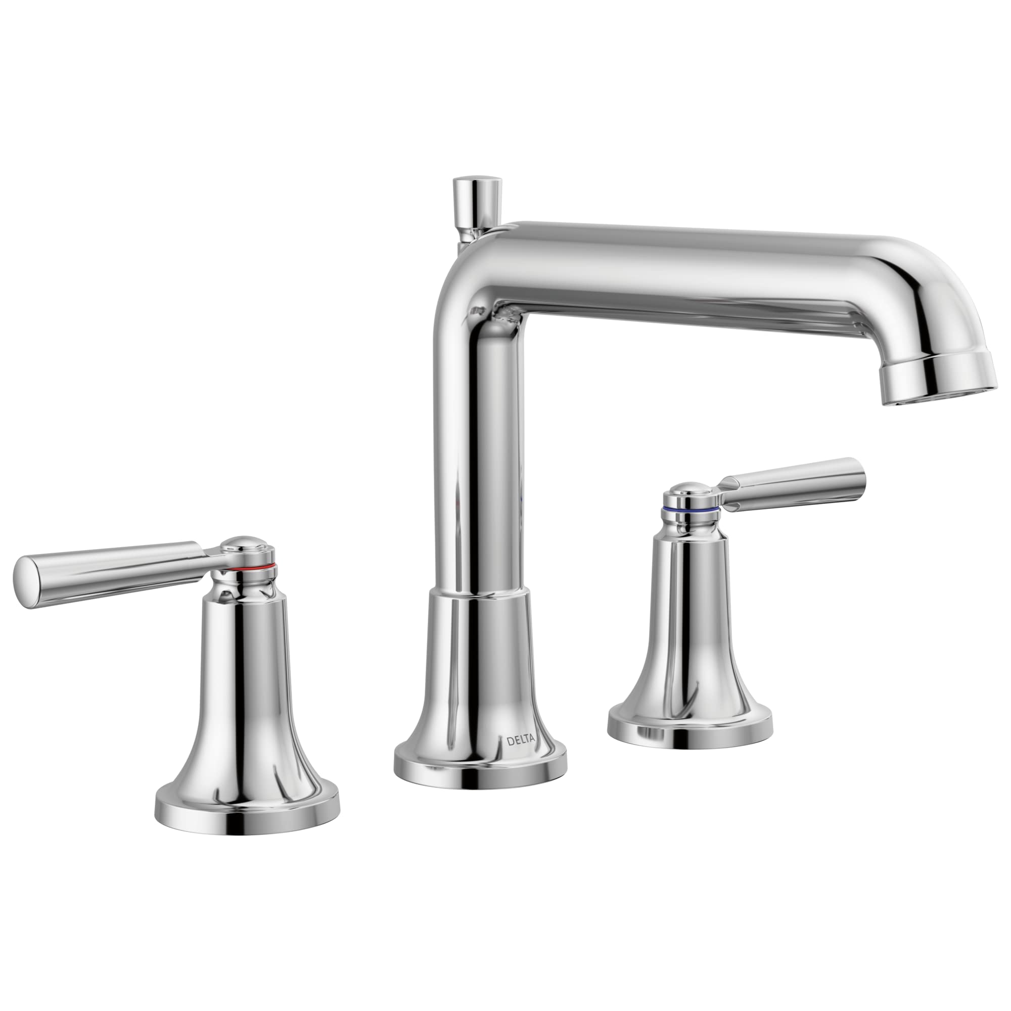 Chrome three-piece roman tub faucet with high-arc spout and lever handles on circular bases.