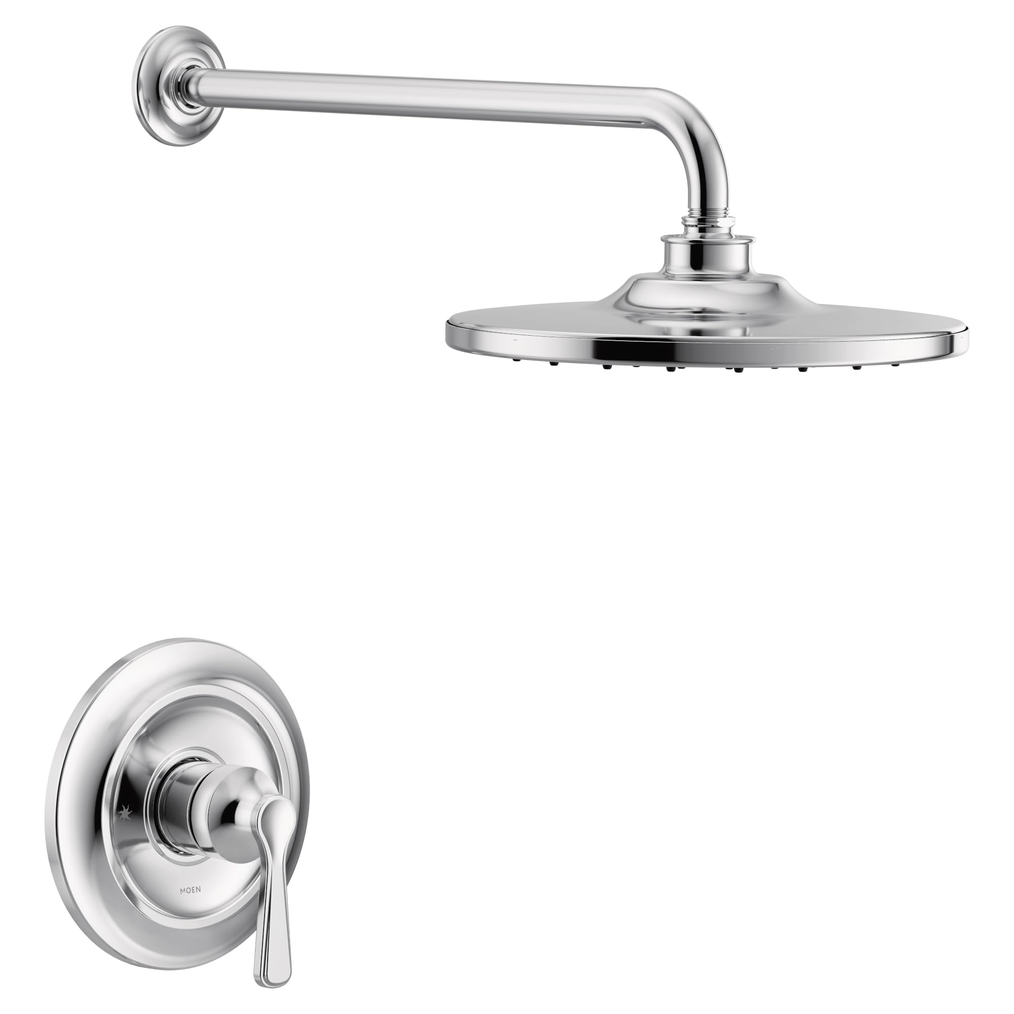Chrome shower trim kit with single lever handle, circular wall escutcheon, curved arm, and round showerhead with perforated f