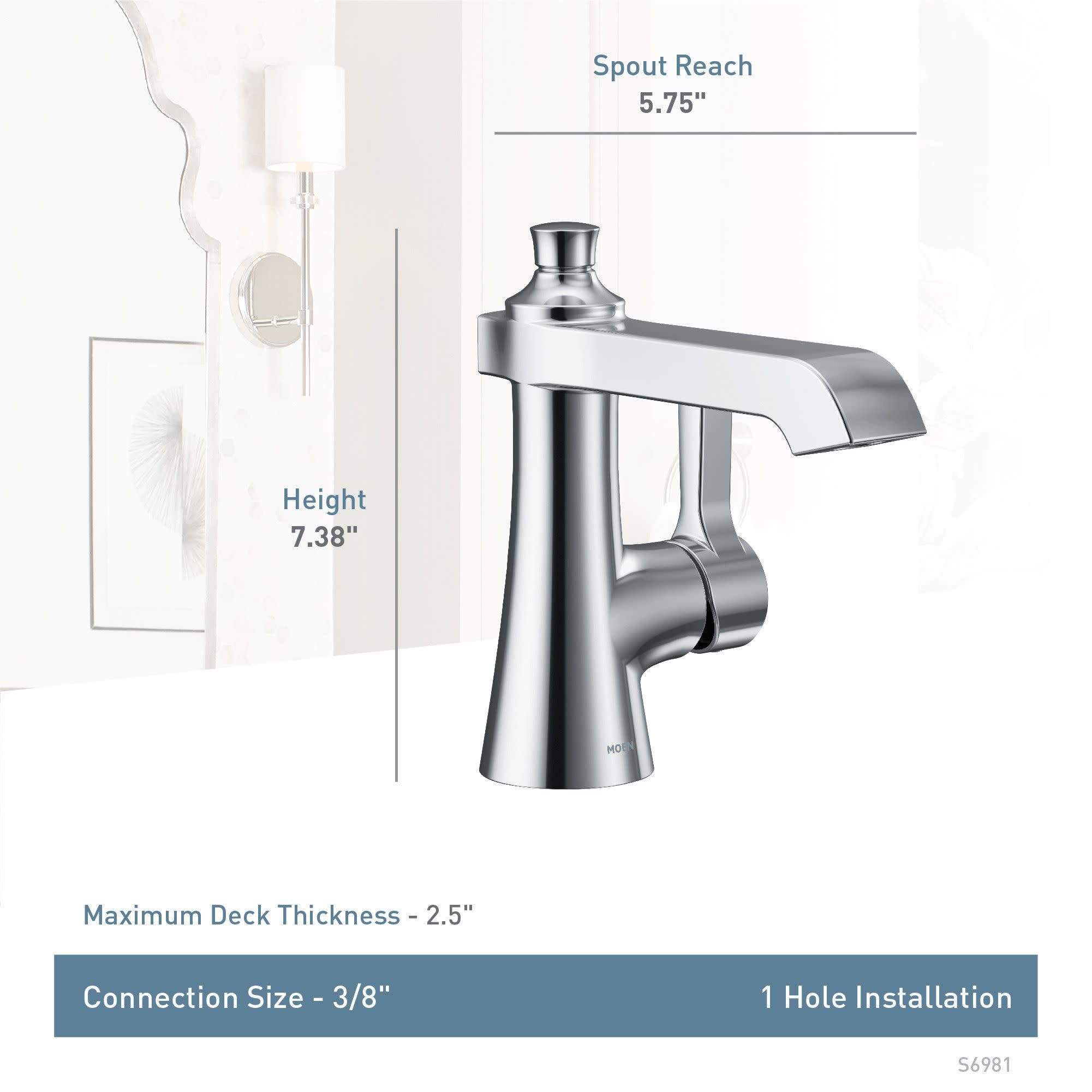 Brushed nickel single-handle bathroom faucet with curved spout and tapered cylindrical body, 7.38" height and 5.75" spout rea