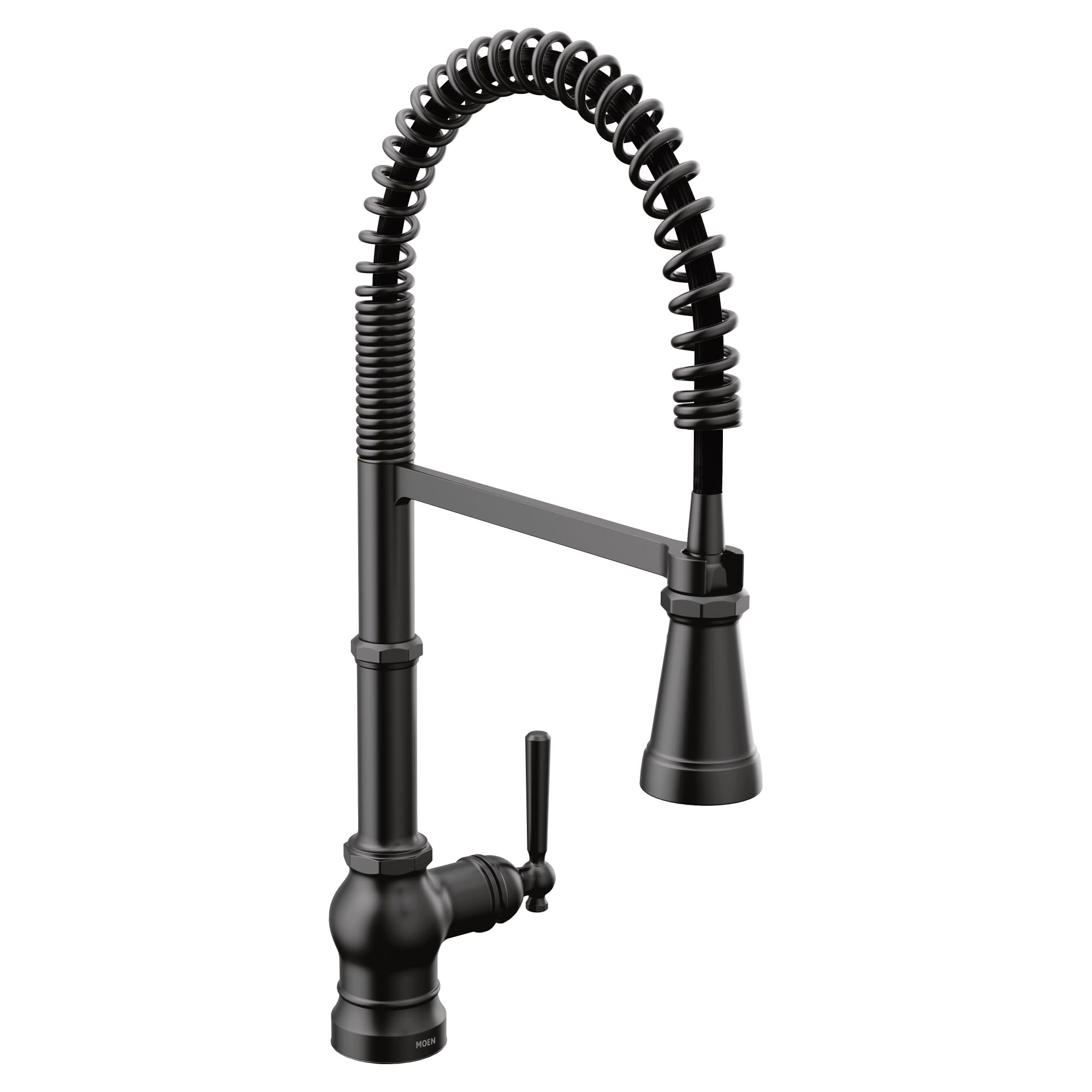 Matte black kitchen faucet with single handle, coiled pulldown sprayer hose, and tapered spout.