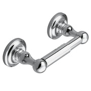 Chrome toilet paper holder with two circular wall plates, cylindrical roller bar, and spherical end caps.