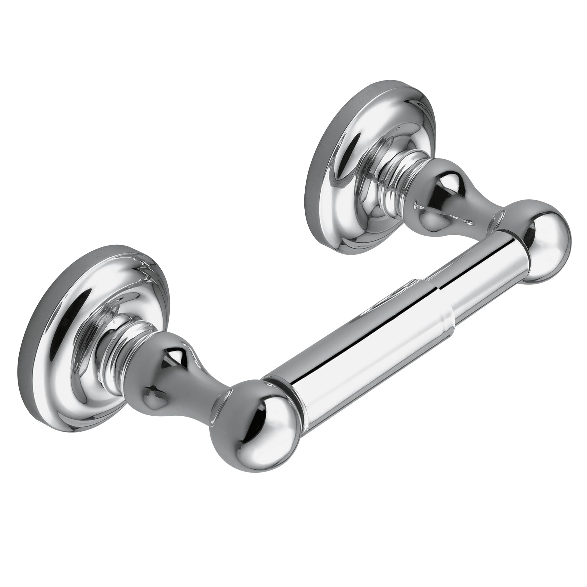 Chrome toilet paper holder with two circular wall plates, cylindrical roller bar, and spherical end caps.