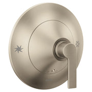 Brushed nickel single-handle shower valve trim with lever handle and round escutcheon plate.