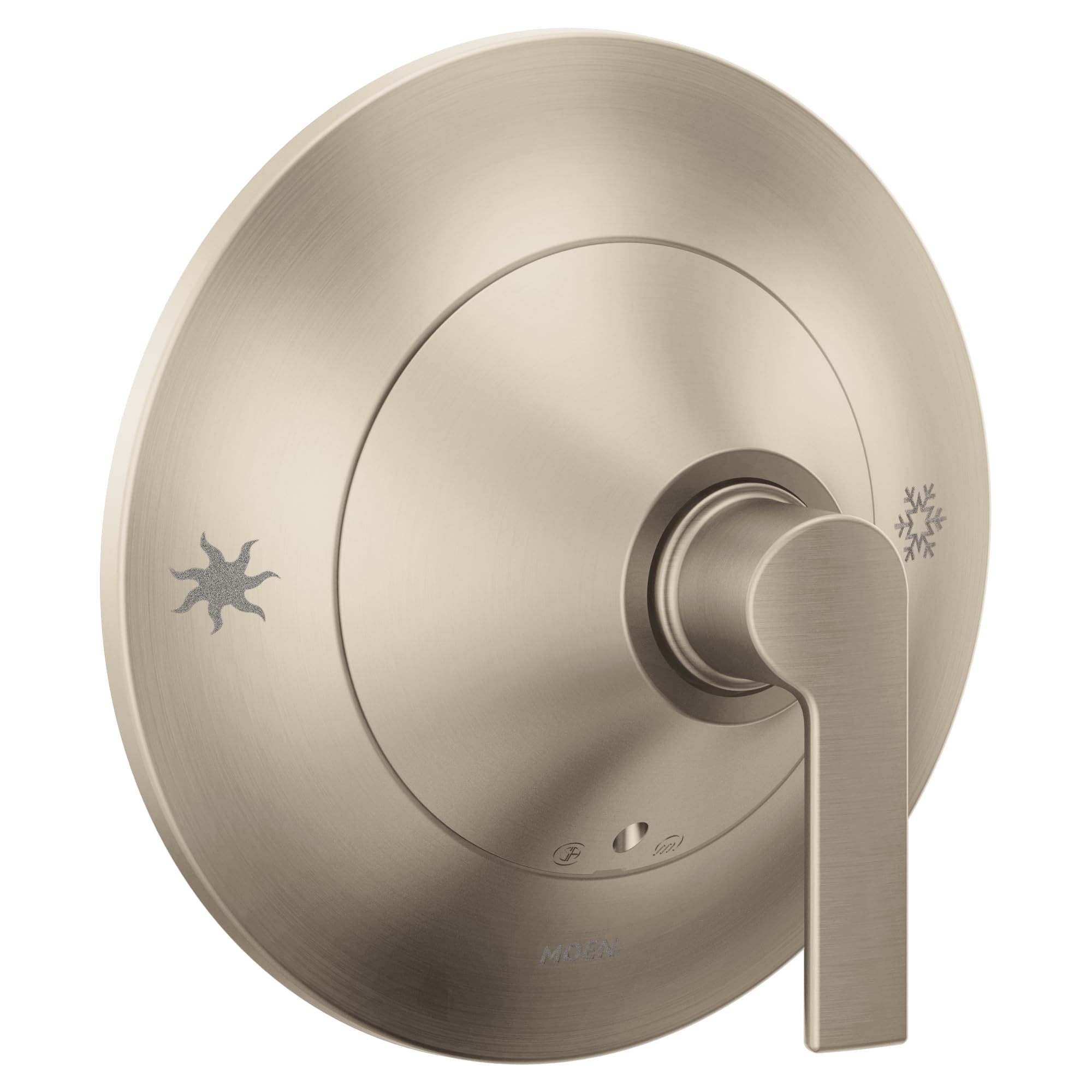 Brushed nickel single-handle shower valve trim with lever handle and round escutcheon plate.
