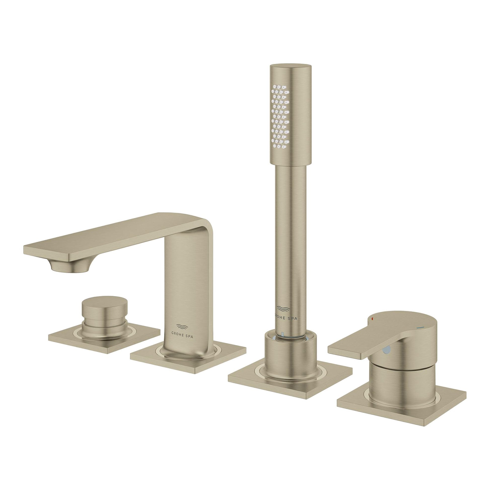 Brushed nickel 4-hole roman tub faucet with single handle, spout, vertical hand shower, and control knob on square bases.
