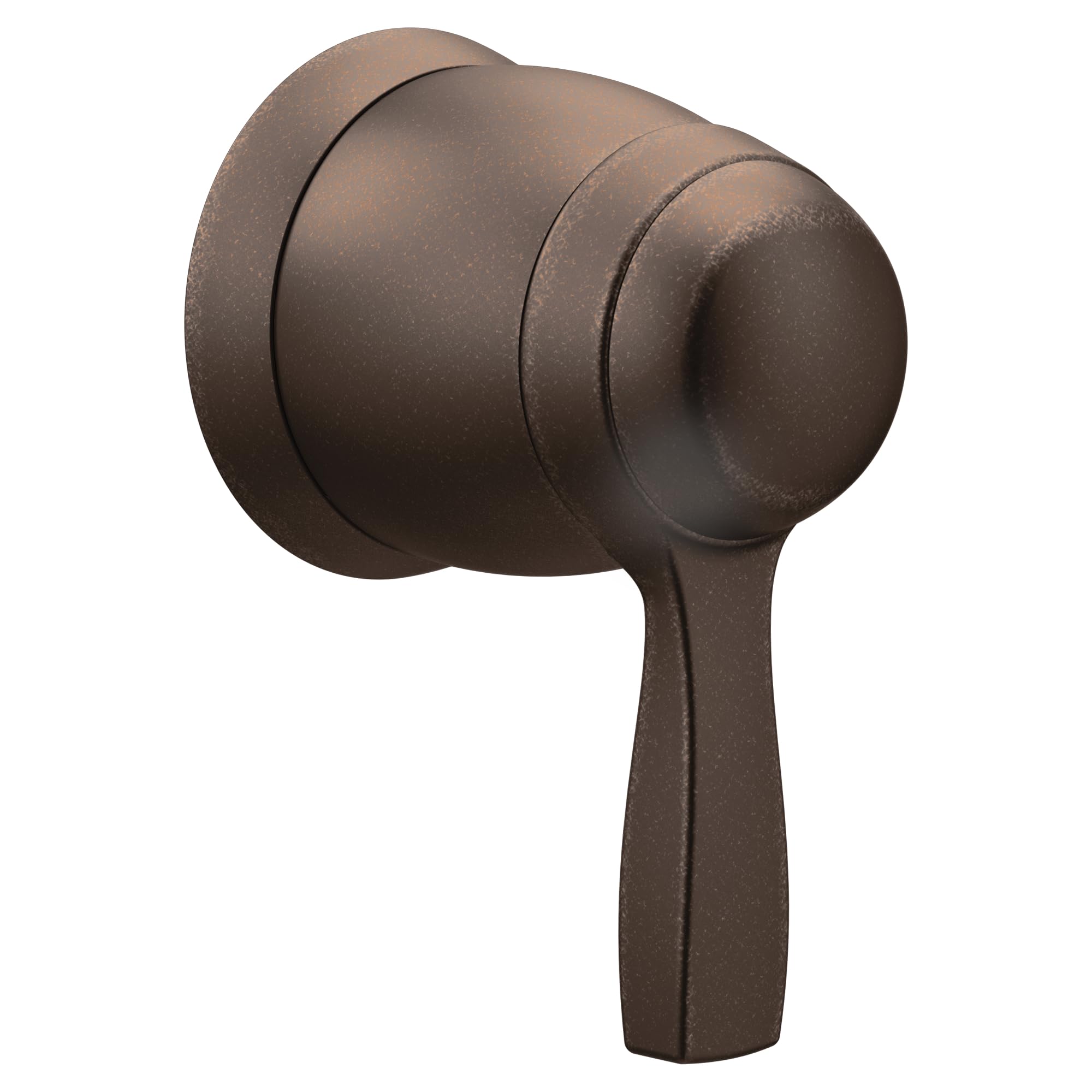 Old World Bronze volume control valve trim with spherical knob and lever handle.