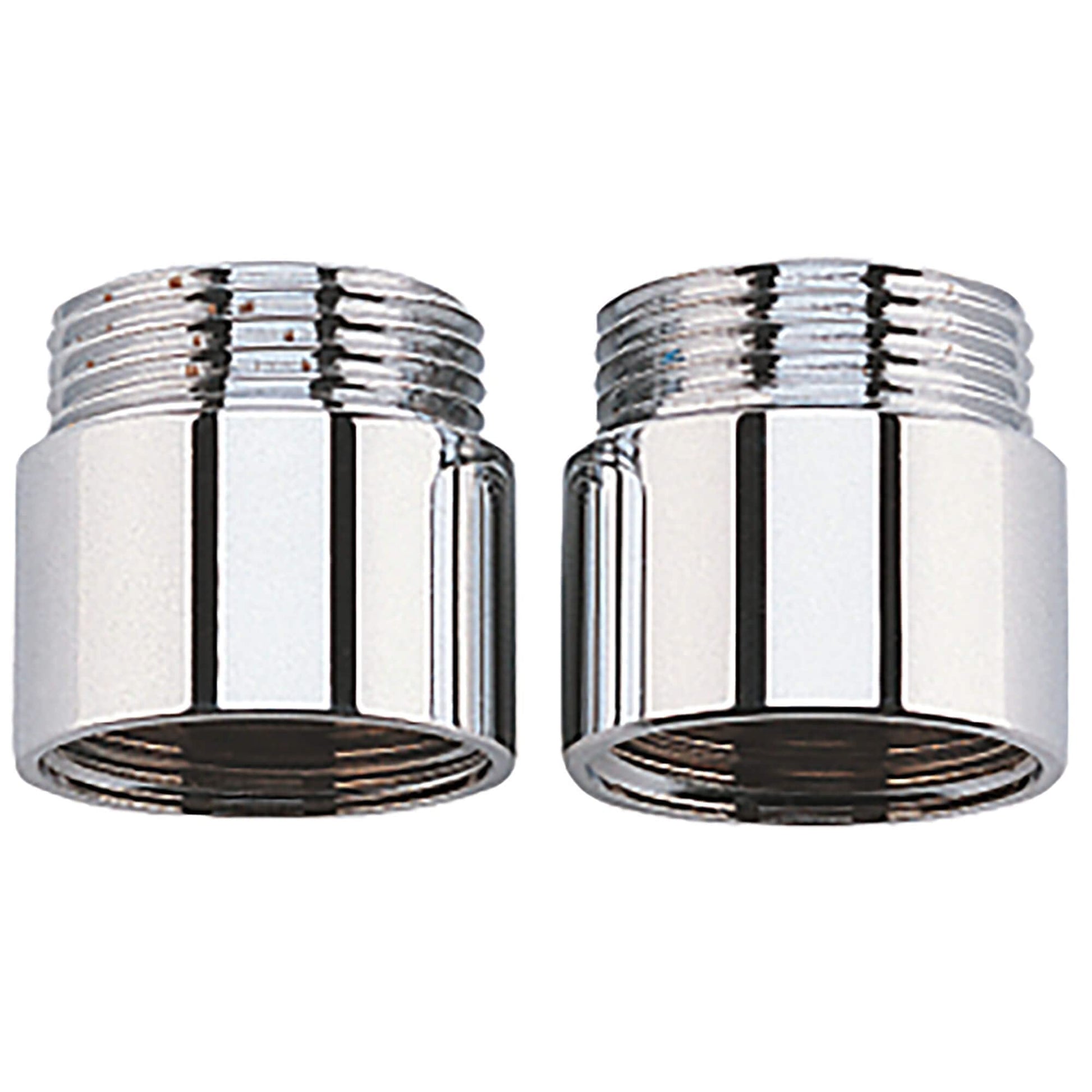 Chrome plated 3/4" threaded extension couplings with male and female connectors shown front and side views.