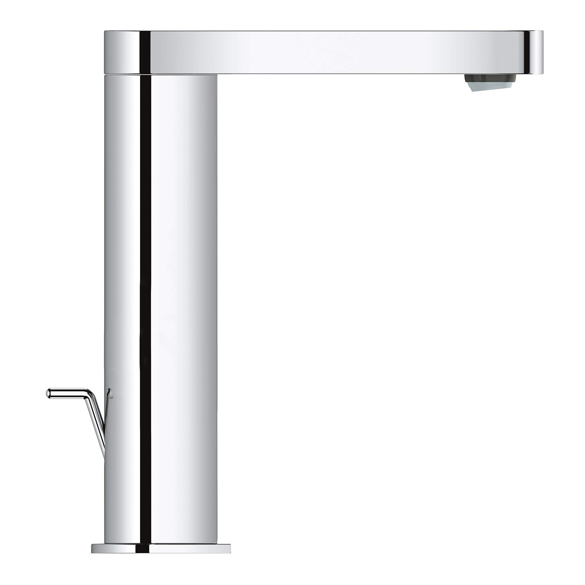 Chrome single-handle bathroom faucet with tall cylindrical body, horizontal spout, and side lever control.