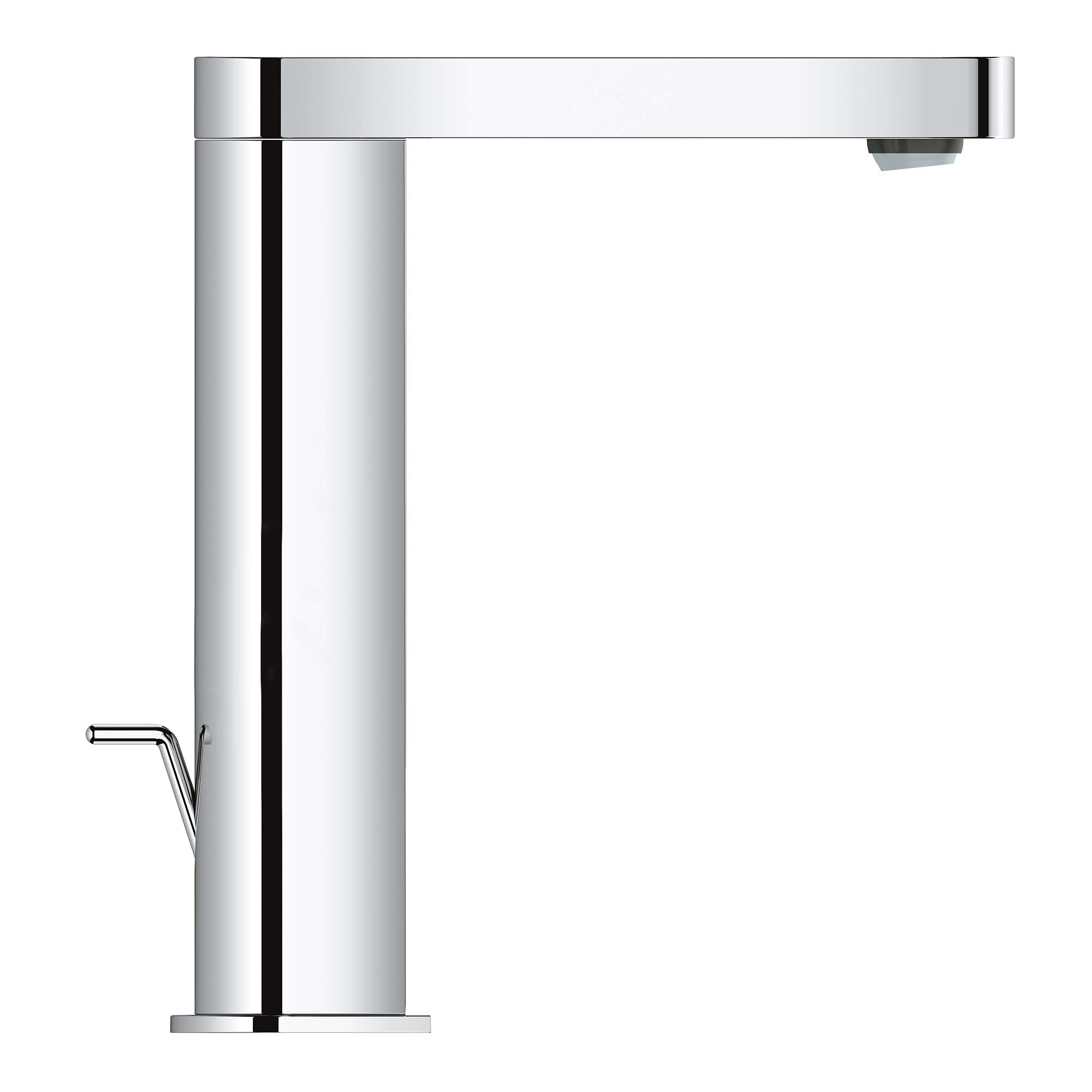 Chrome single-handle bathroom faucet with tall cylindrical body, horizontal spout, and side lever control.