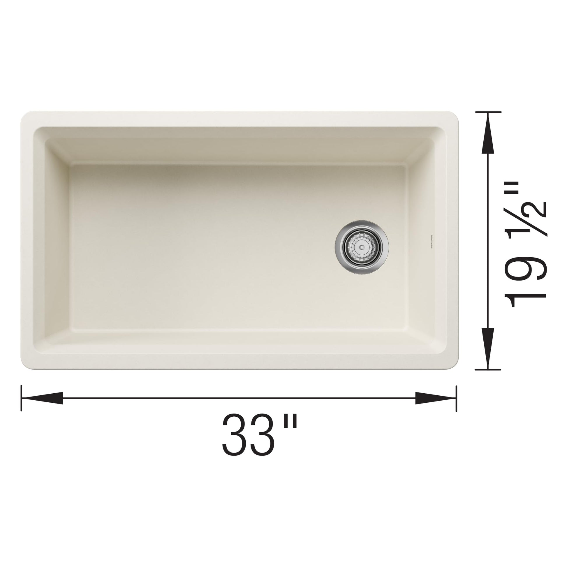 White undermount kitchen sink with single bowl, 33 inches wide, featuring metal drain assembly.