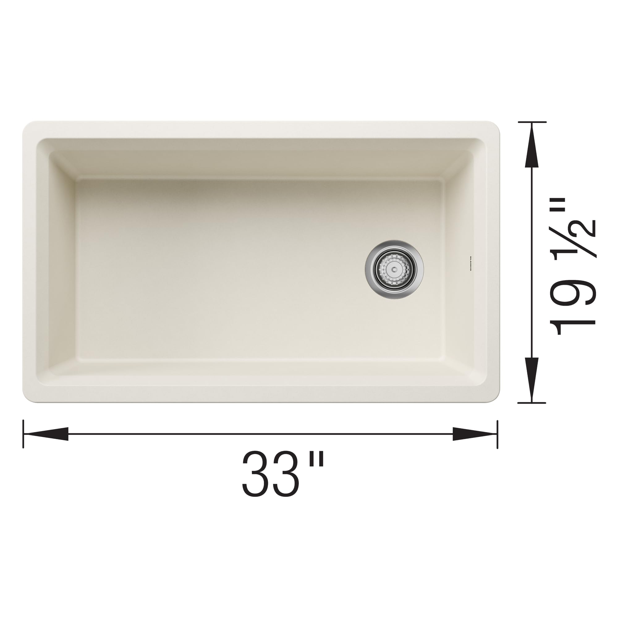 White undermount kitchen sink with single bowl, 33 inches wide, featuring metal drain assembly.