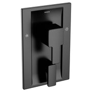 Moen matte black shower valve trim with single lever handle and rectangular escutcheon plate.