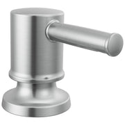 Cylindrical stainless steel soap dispenser with side-mounted pump lever and round pedestal base.