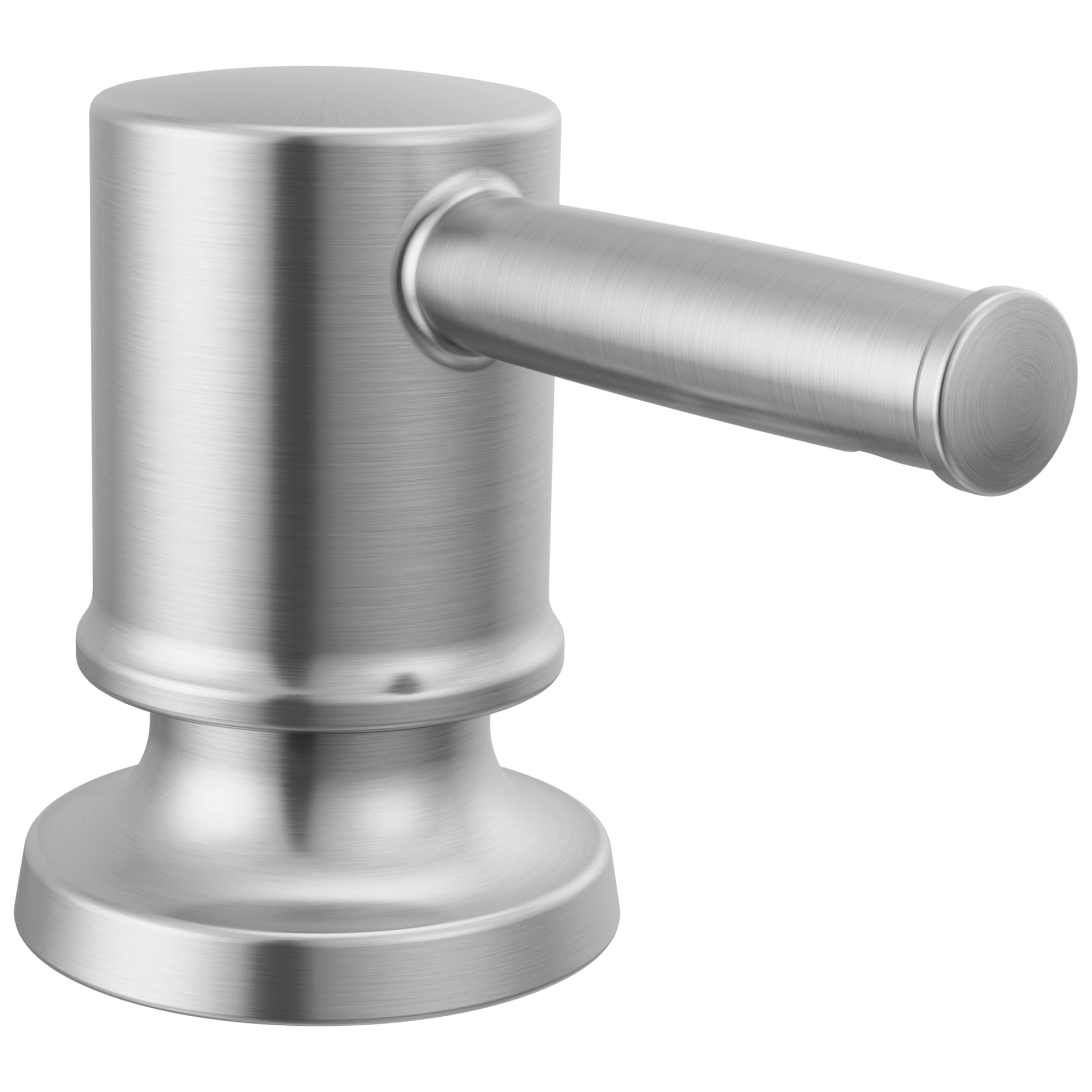 Cylindrical stainless steel soap dispenser with side-mounted pump lever and round pedestal base.