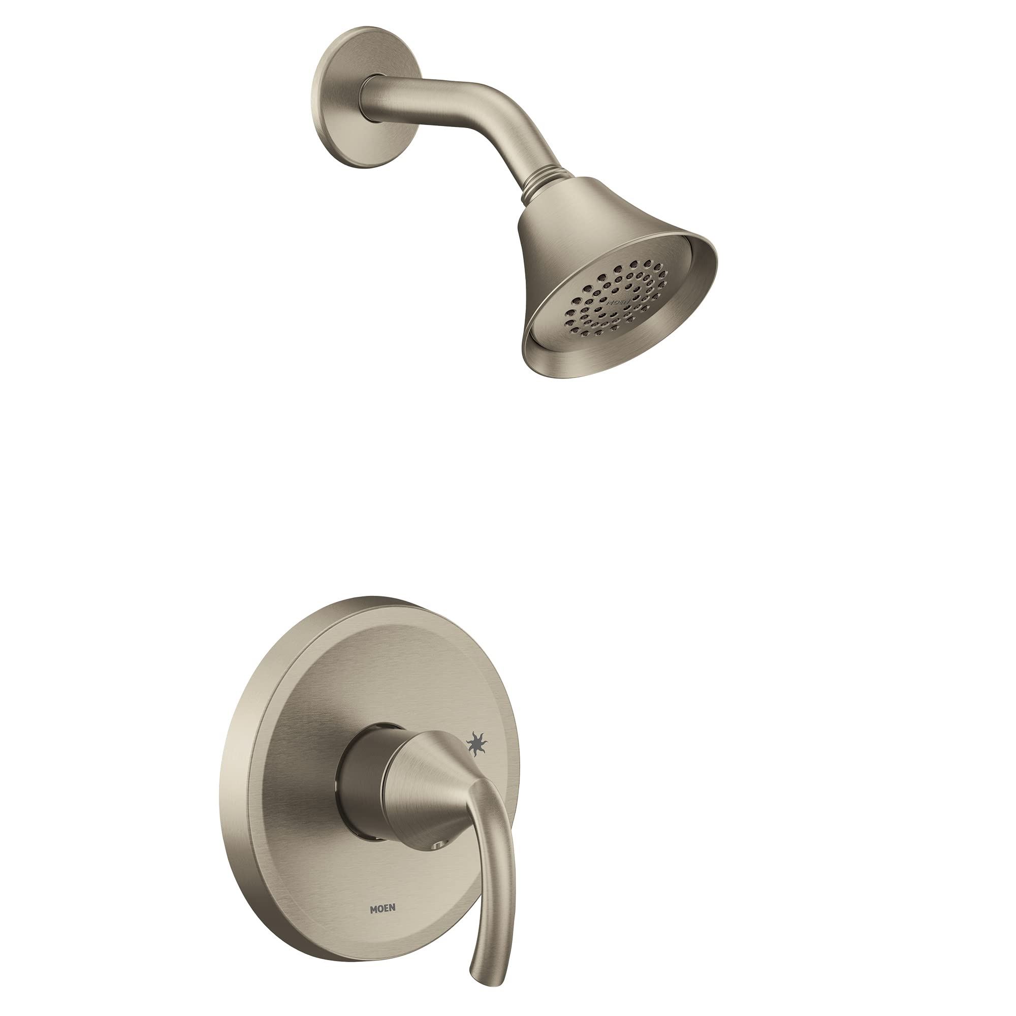 Brushed nickel shower trim kit with single handle lever control and perforated showerhead on curved arm.
