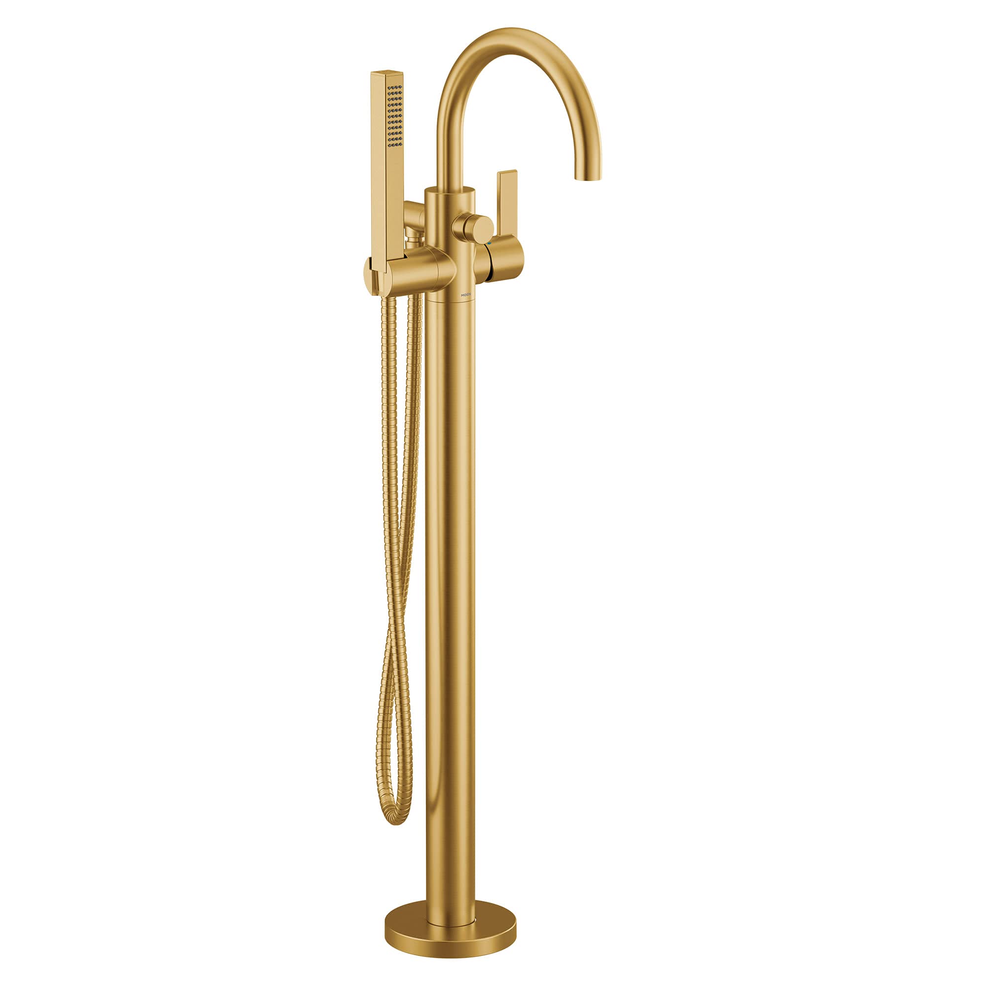 Freestanding gold tub filler with curved spout, single handle, and detached handshower on coiled hose.