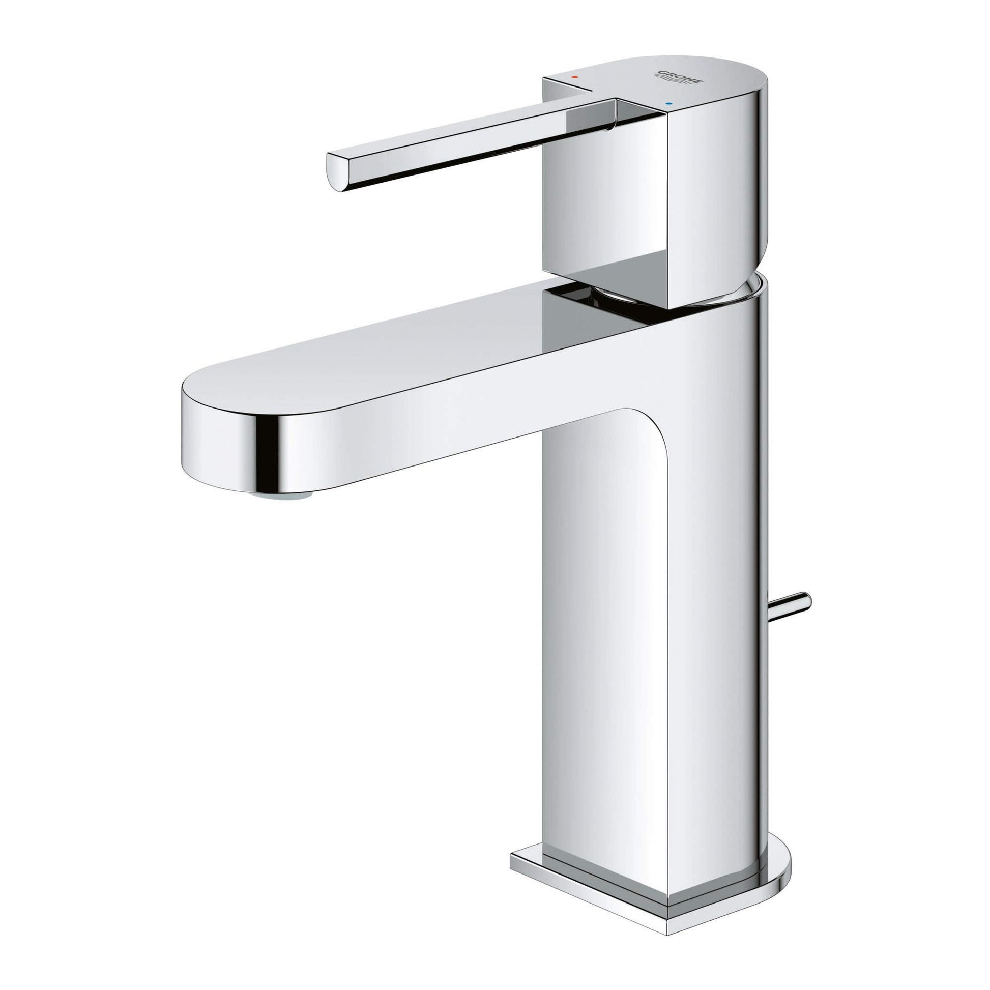 Chrome single-handle bathroom faucet with tall rectangular body, curved spout, and control lever on side.